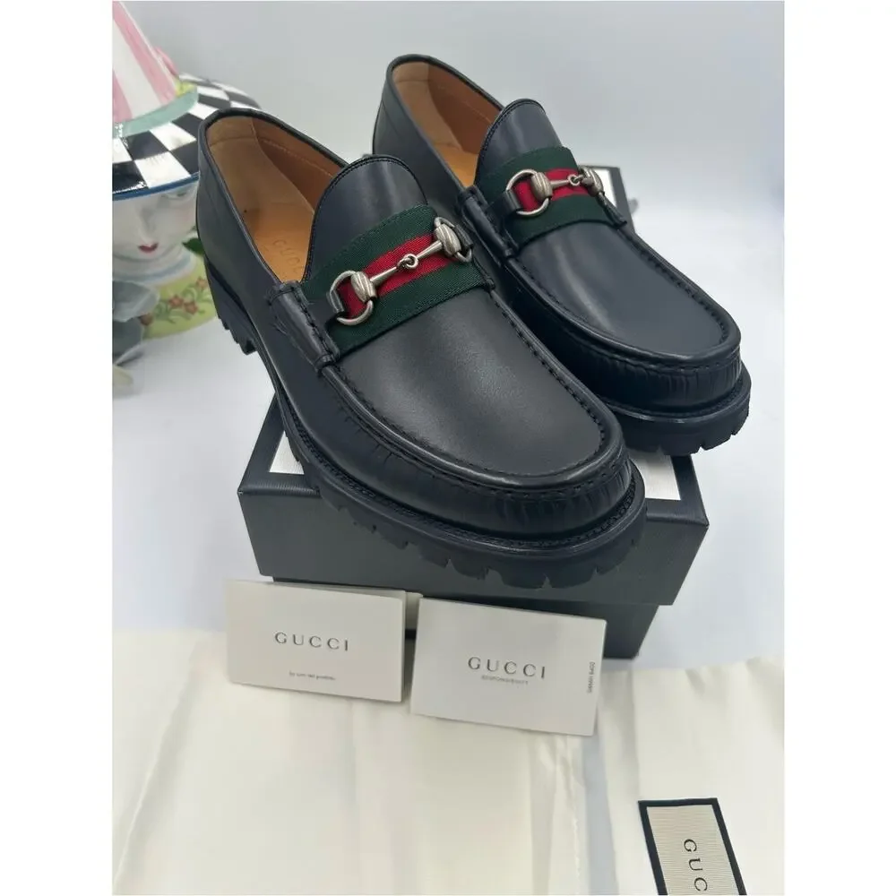 Men's Gucci lug sole web stripe horse bit loafers size 9 fits 9.5 US made Italy